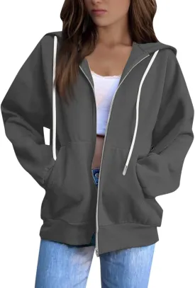 2025 Us Women'S Lightweight Casual Hooded Sweatshirts With Long Sleeves Pockets And Secure Zip Closure Oversized Thin Jacket