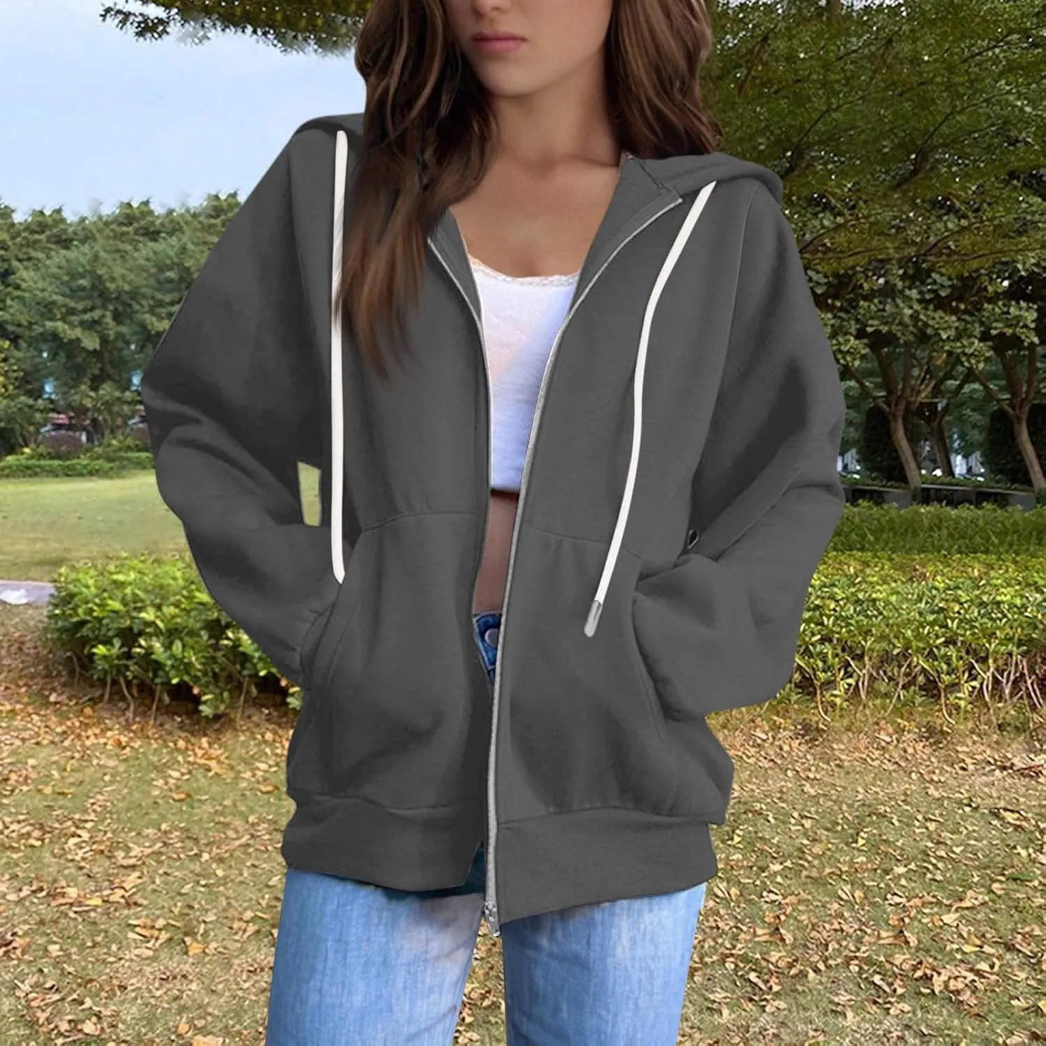 2025 Us Women'S Lightweight Casual Hooded Sweatshirts With Long Sleeves Pockets And Secure Zip Closure Oversized Thin Jacket