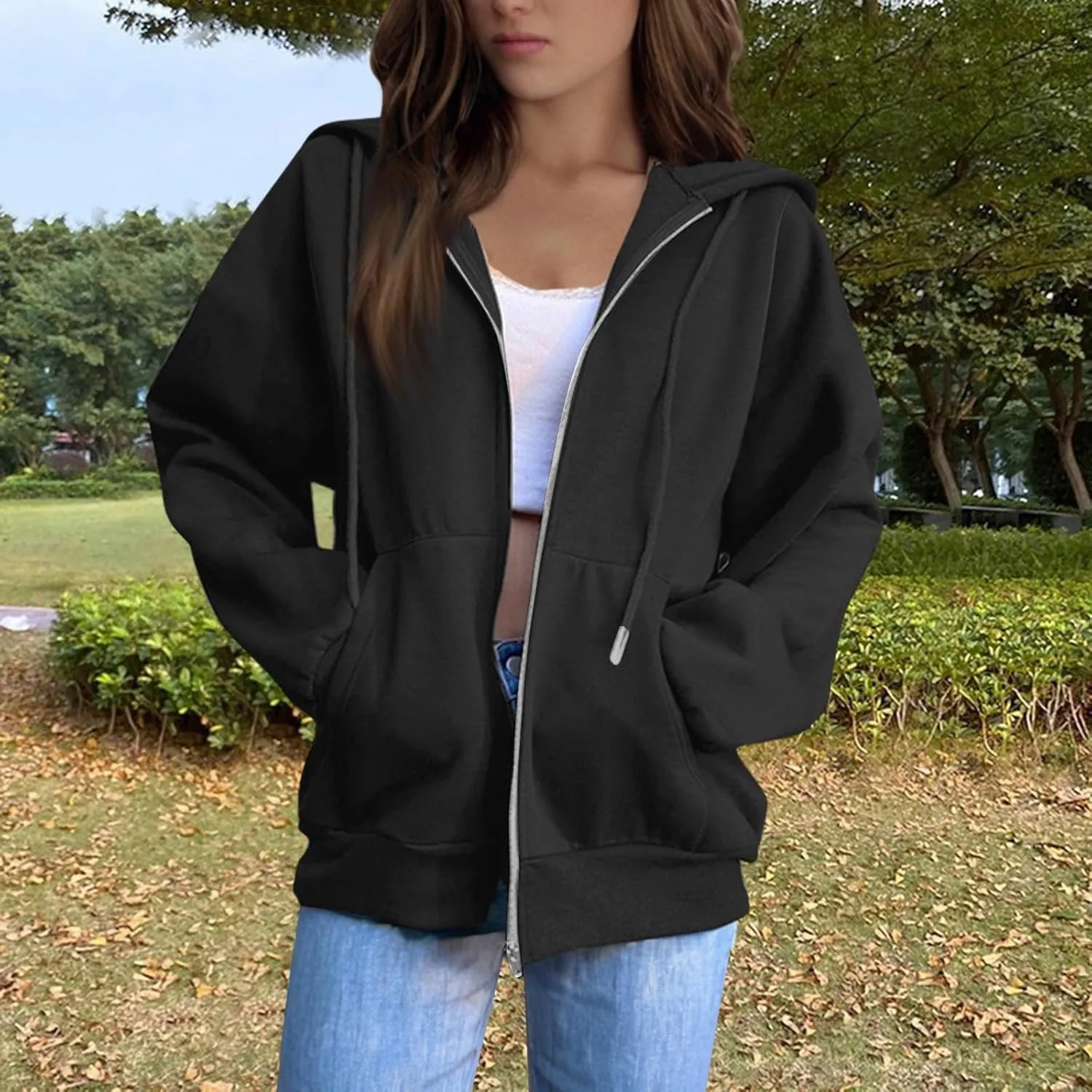 2025 Us Women'S Lightweight Casual Hooded Sweatshirts With Long Sleeves Pockets And Secure Zip Closure Oversized Thin Jacket