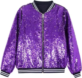 A ARFAR Women Sequin Jackets Flip Striped Collar Glitter Varsity Striped Bomber Sparkly Coat Party Outwear Ladies Shiny Cloth
