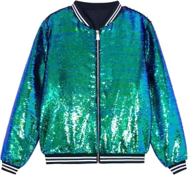 A ARFAR Women Sequin Jackets Flip Striped Collar Glitter Varsity Striped Bomber Sparkly Coat Party Outwear Ladies Shiny Cloth