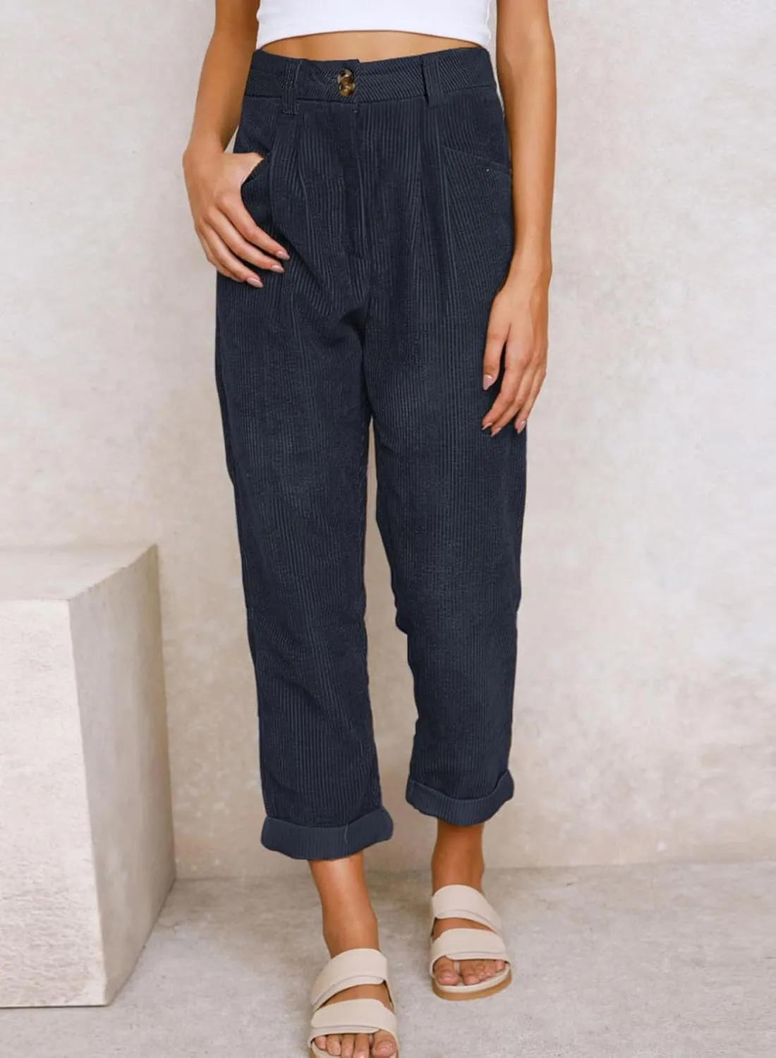 Acelitt Womens Elastic Waist Straight Leg Corduroy Pants with Pockets, S-2XL