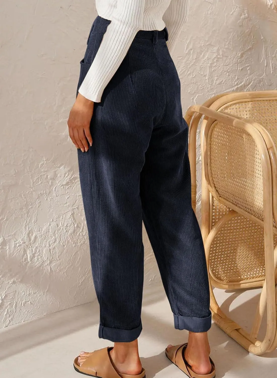Acelitt Womens Elastic Waist Straight Leg Corduroy Pants with Pockets, S-2XL