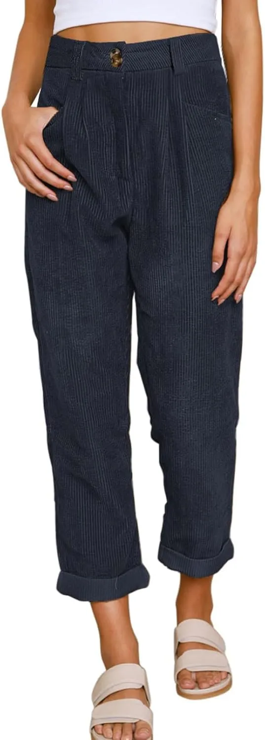 Acelitt Womens Elastic Waist Straight Leg Corduroy Pants with Pockets, S-2XL