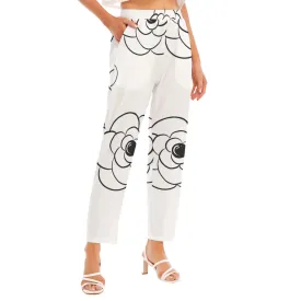 All-Over Print Women's Loose Straight-leg Pants 104 white with black flower print