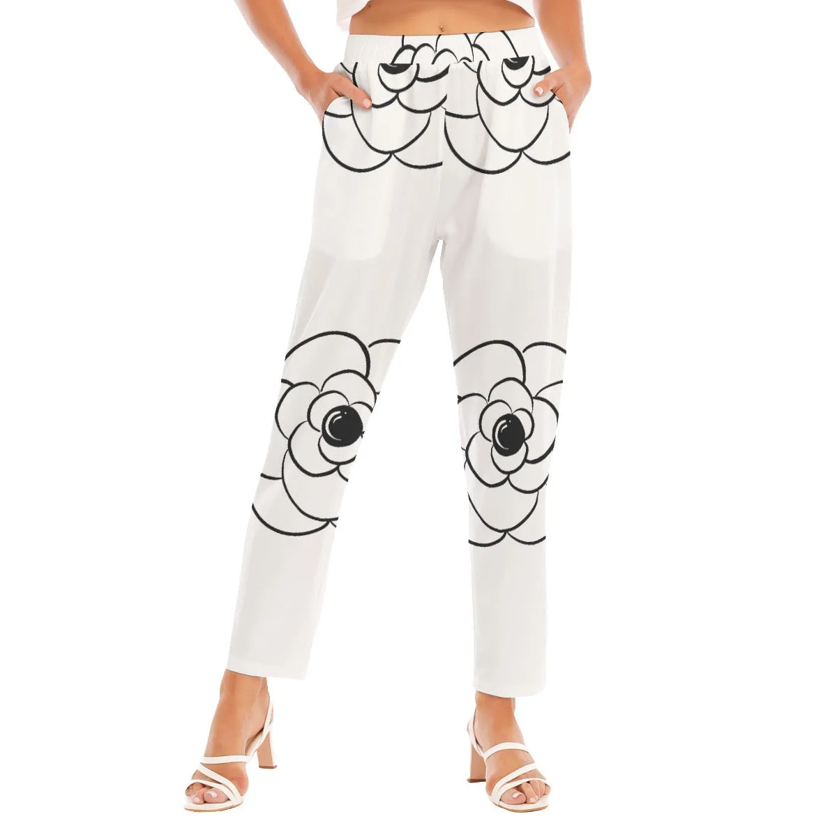 All-Over Print Women's Loose Straight-leg Pants 104 white with black flower print