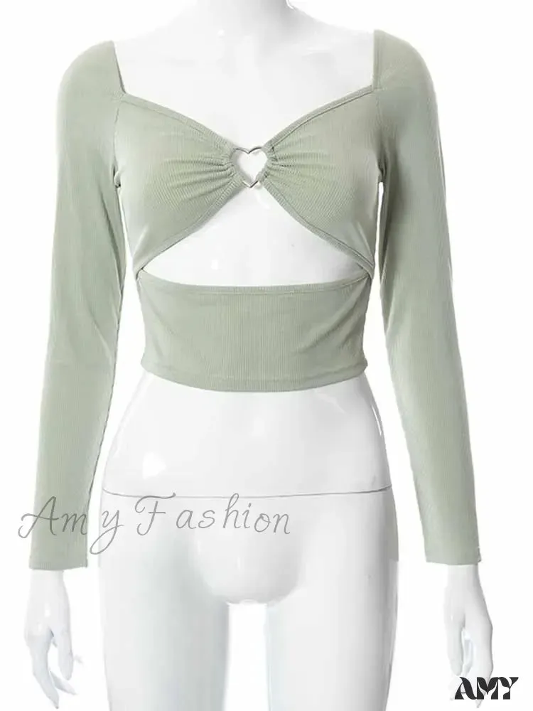 AMY - Hollow-Out V-neck Slim Ribbed Backless Tee Crop Top