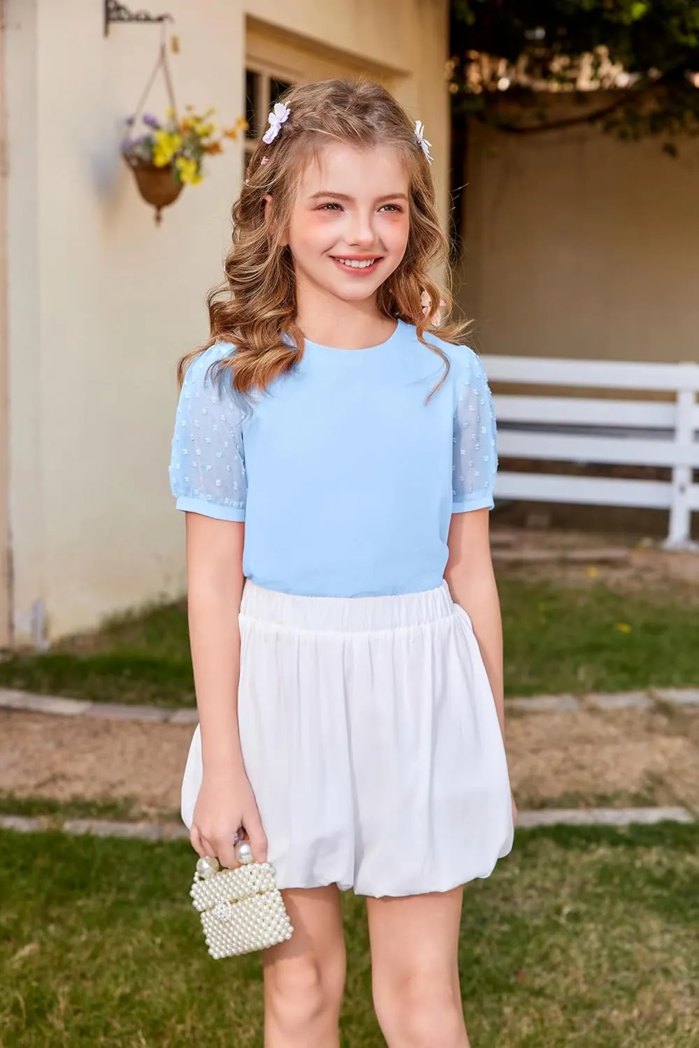 Arshiner Girls T Shirts Puff Short Sleeves with Polka Swiss Dots Tops for Kids Casual Summer Blouse Tunic Tee Tops