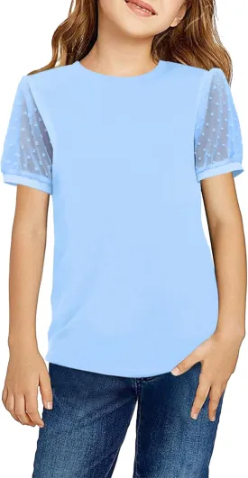 Arshiner Girls T Shirts Puff Short Sleeves with Polka Swiss Dots Tops for Kids Casual Summer Blouse Tunic Tee Tops