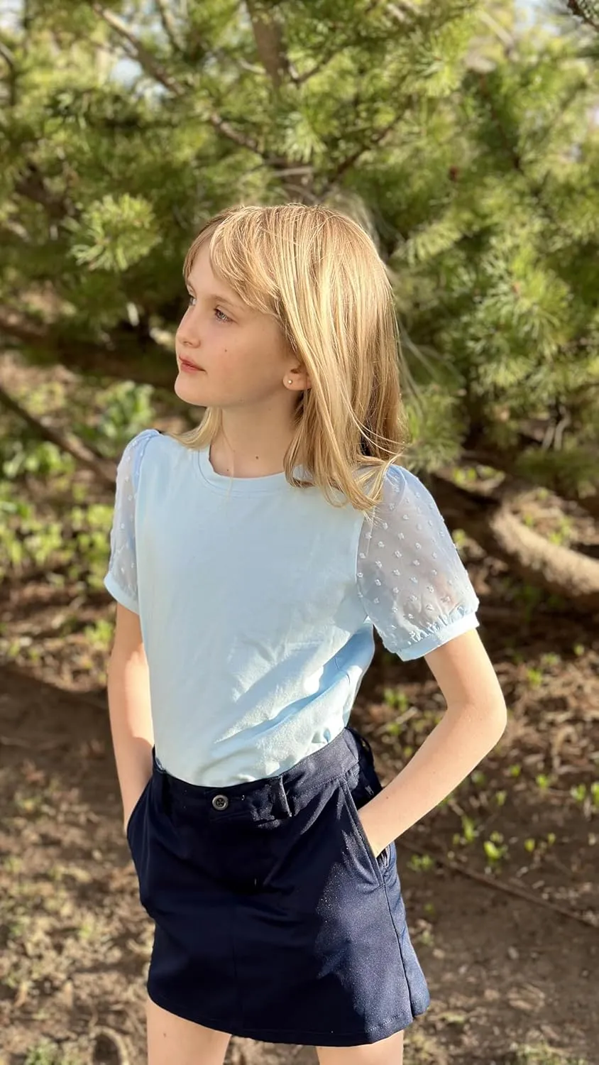 Arshiner Girls T Shirts Puff Short Sleeves with Polka Swiss Dots Tops for Kids Casual Summer Blouse Tunic Tee Tops