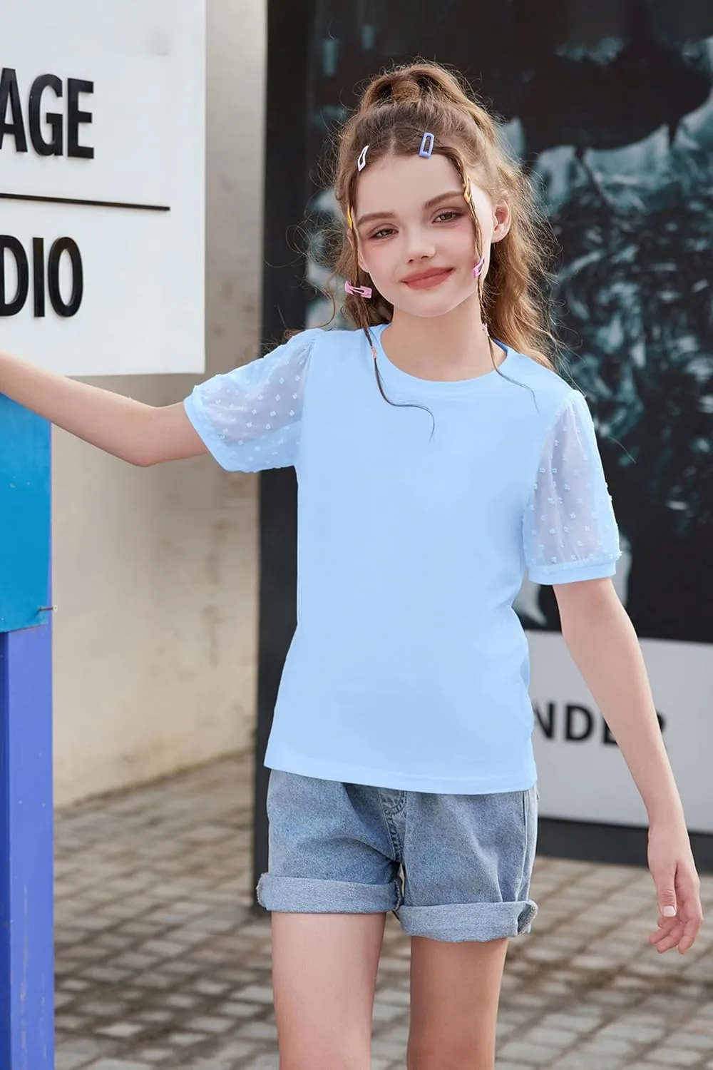 Arshiner Girls T Shirts Puff Short Sleeves with Polka Swiss Dots Tops for Kids Casual Summer Blouse Tunic Tee Tops