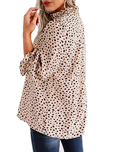 Avanova Women's Leopard Printed Ruffle Hem 3/4 Sleeve Mock Neck Elegant Work Blouses Top Beige Large