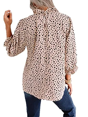 Avanova Women's Leopard Printed Ruffle Hem 3/4 Sleeve Mock Neck Elegant Work Blouses Top Beige Large