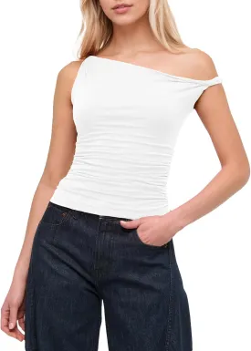 BAIGRAM Women Asymmetrical Twist Crop Tops Ruched One Shoulder Slim Fitted Going Out Trendy Cute Casual y2k Tank Top