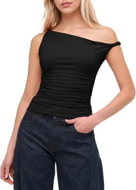 BAIGRAM Women Asymmetrical Twist Crop Tops Ruched One Shoulder Slim Fitted Going Out Trendy Cute Casual y2k Tank Top