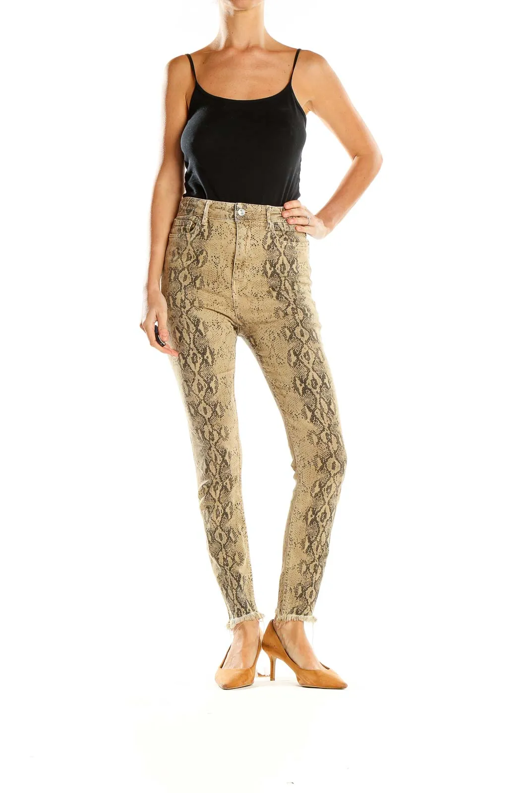 Beige Snake Print High-Waisted Skinny Pants
