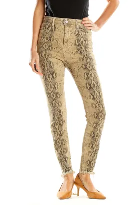 Beige Snake Print High-Waisted Skinny Pants
