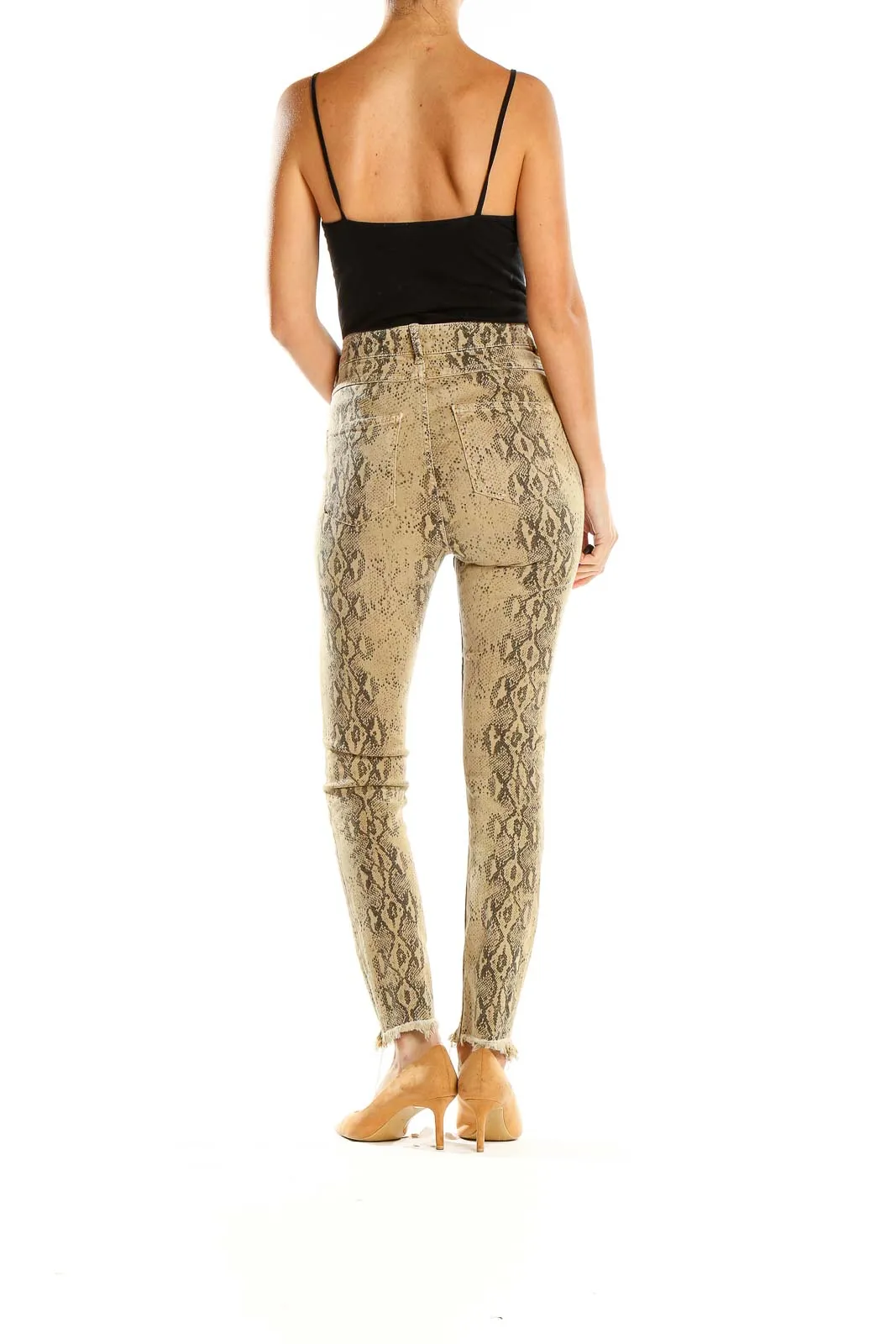 Beige Snake Print High-Waisted Skinny Pants