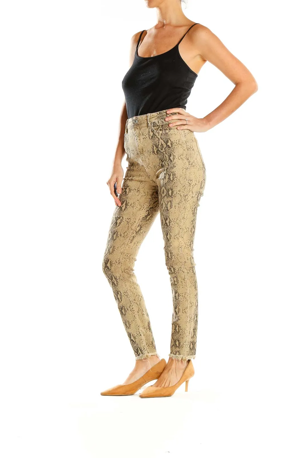 Beige Snake Print High-Waisted Skinny Pants