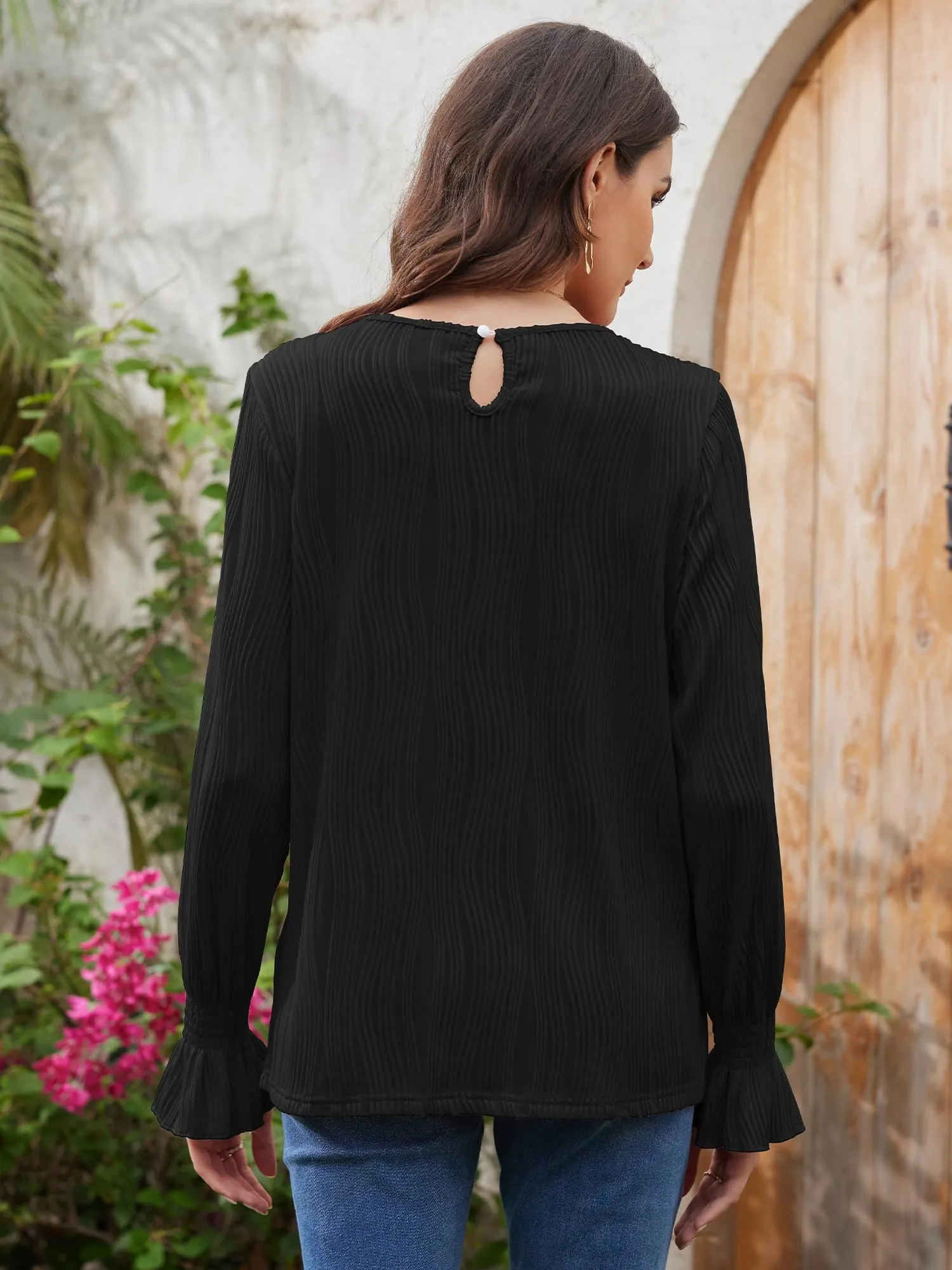 Bellcoco 2024 Trendy Wave Pattern Ruffle Bubble Sleeve Tops - Womens Loose Fit Cute Lantern Long Sleeve Blouse Crewneck Shirts, Perfect for Festivals and Business Casual Outfits Black