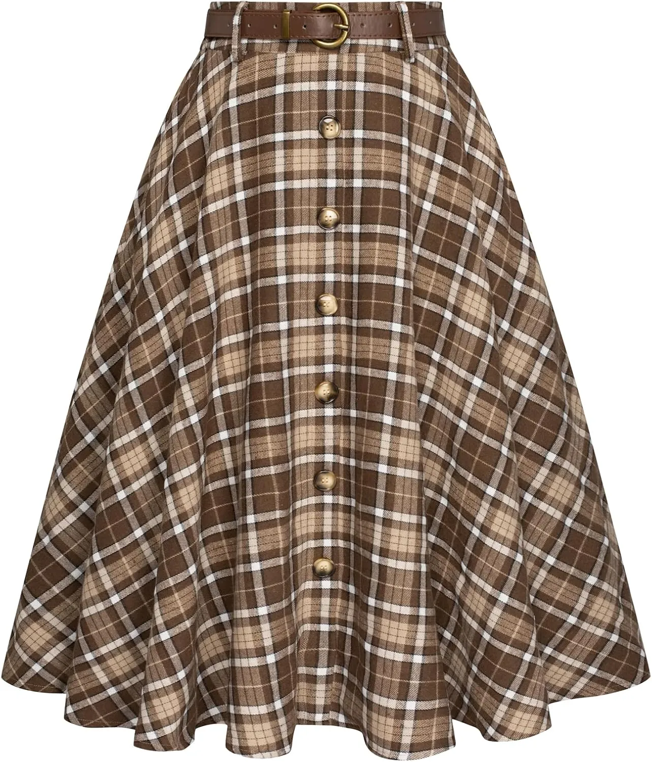 Belle Poque Women's Plaid A-line Skirt Vintage Pleated Flared Midi Skirts Fall Winter Skirts with Pockets & Belts