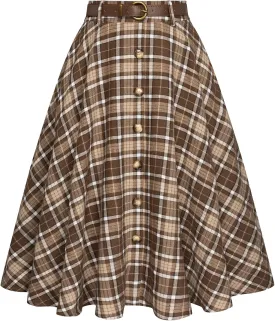 Belle Poque Women's Plaid A-line Skirt Vintage Pleated Flared Midi Skirts Fall Winter Skirts with Pockets & Belts