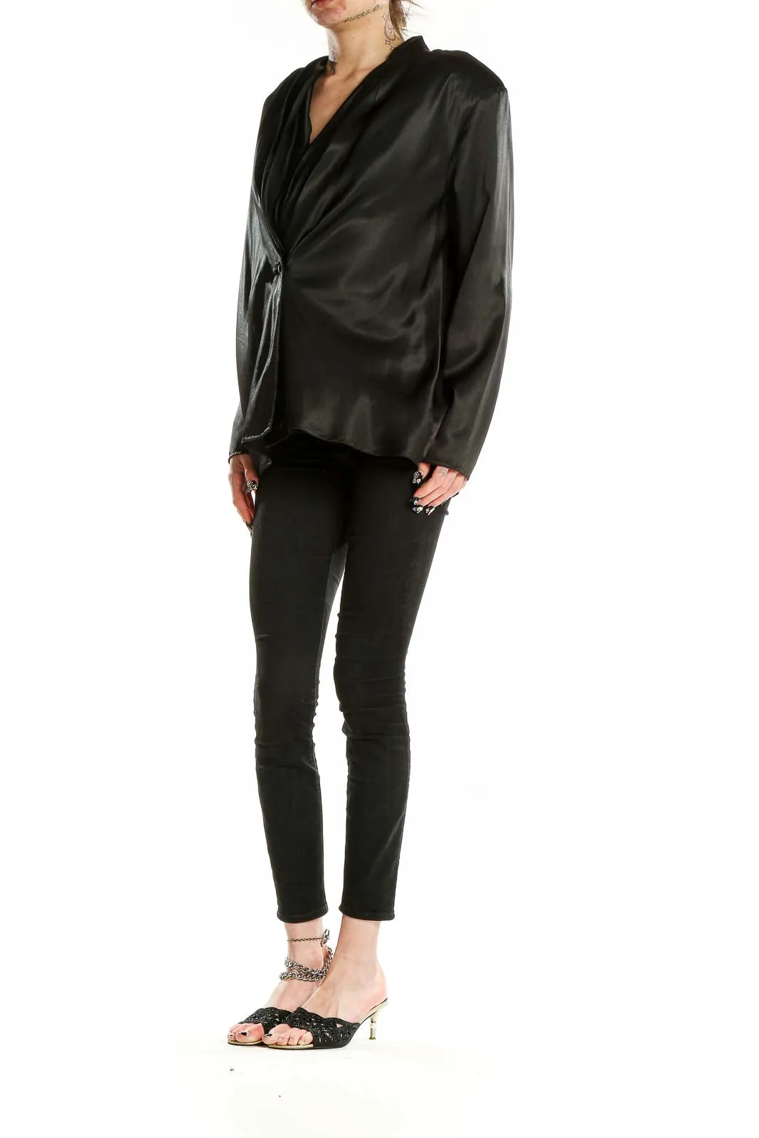 Black Polyester Wrap-Style Blouse