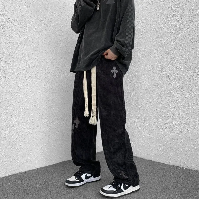 Bonnyshow Warm Thick Cross Corduroy Pants Winter Y2K Straight Pants With Pockets For Women Men Unisex Elastic High Waist Wide Leg Trousers