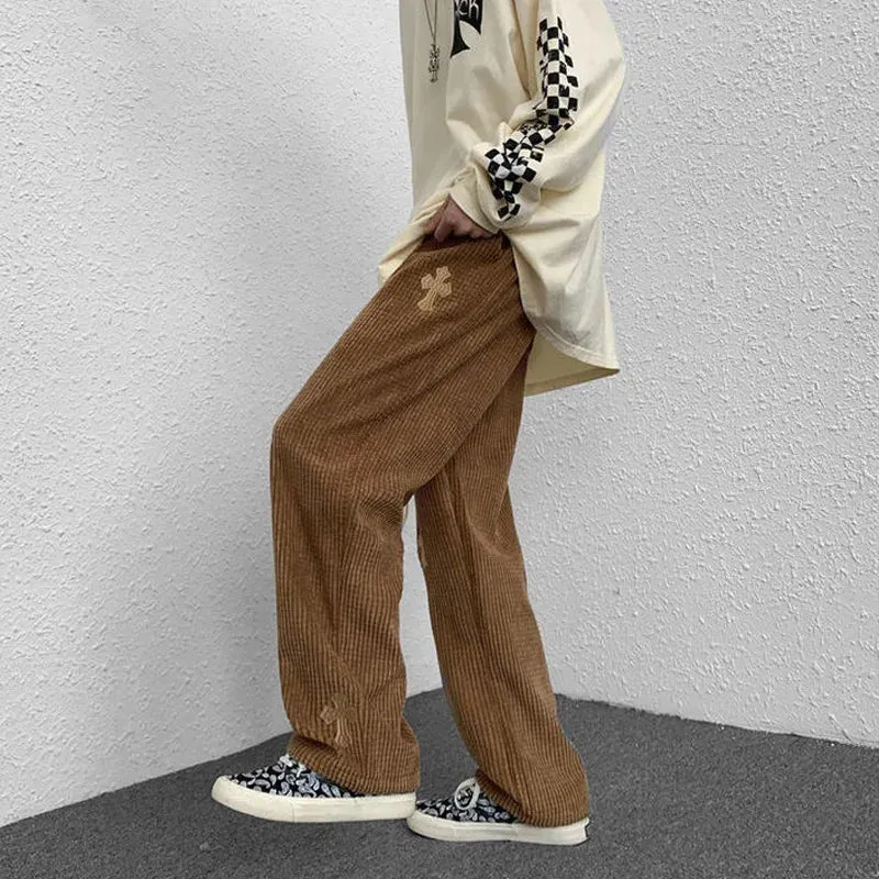 Bonnyshow Warm Thick Cross Corduroy Pants Winter Y2K Straight Pants With Pockets For Women Men Unisex Elastic High Waist Wide Leg Trousers