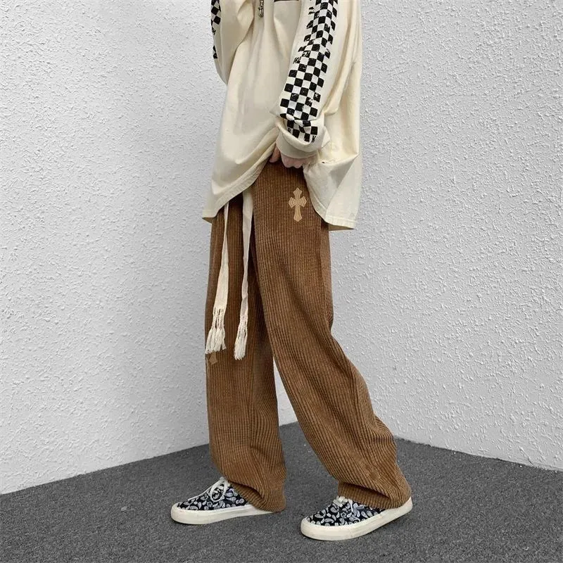 Bonnyshow Warm Thick Cross Corduroy Pants Winter Y2K Straight Pants With Pockets For Women Men Unisex Elastic High Waist Wide Leg Trousers