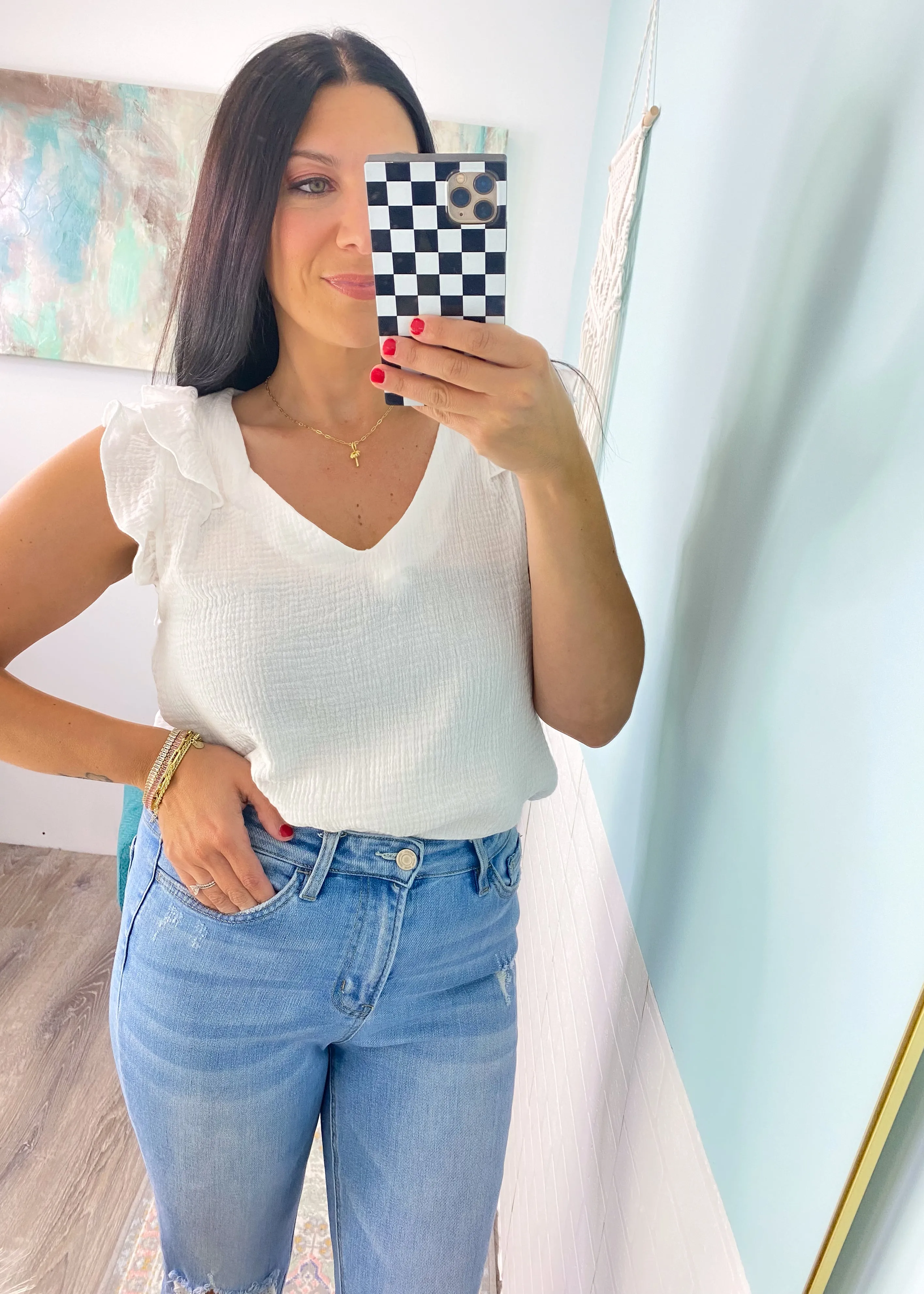 'Butterfly Effect' Off White Wrinkle Gauze Ruffle Sleeve Top