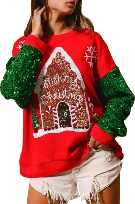 Christmas Sweatshirts Sequin Women Y2k Oversized Graphic Long Sleeve Sweater Holiday Merry Xmas Shirts Pullover Tops