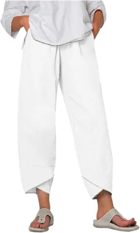 Cotton Linen Pants Casual Summer Capri Pants for Women Baggy Elastic Waisted Yoga Trousers Wide Leg Cropped Pants