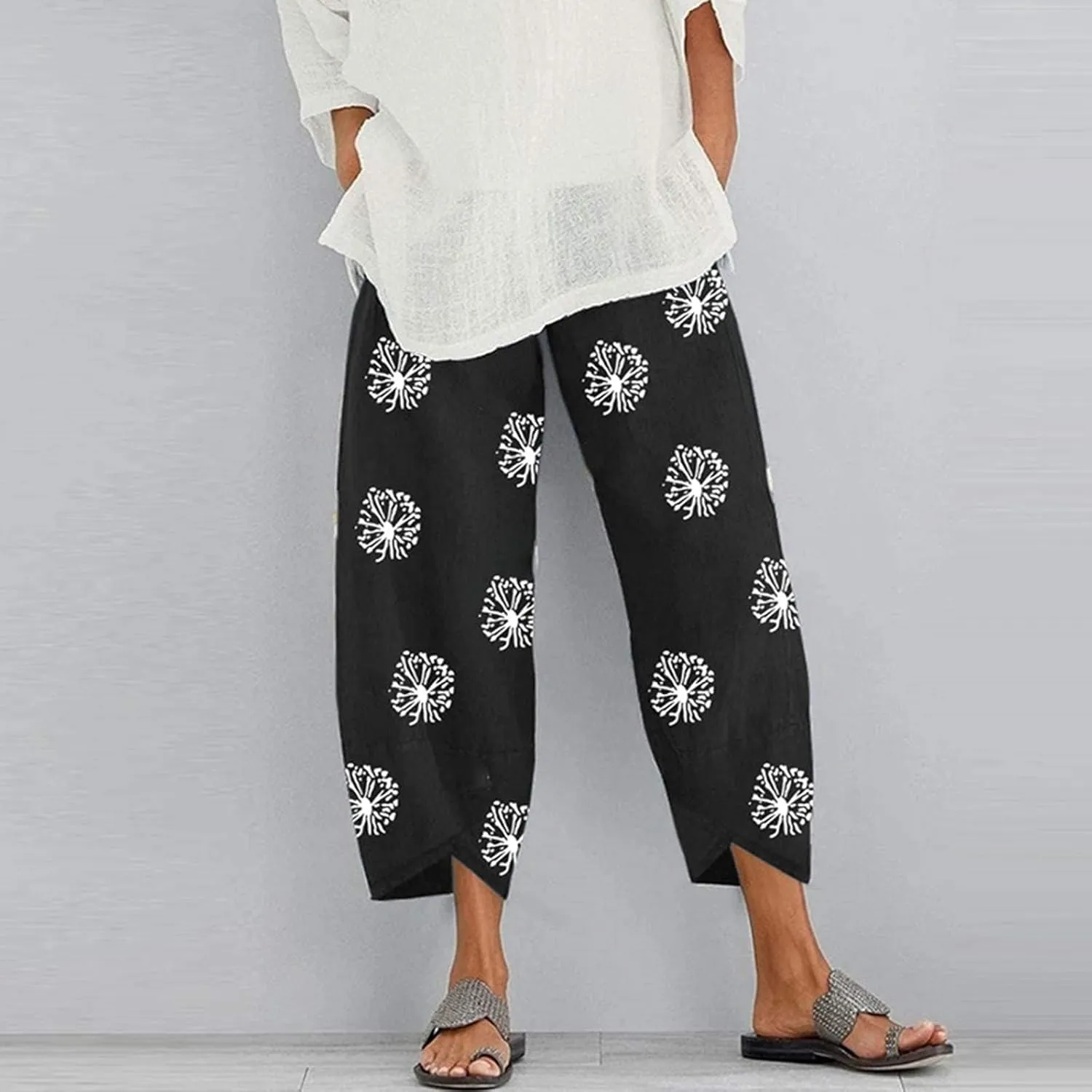 Cotton Linen Pants Casual Summer Capri Pants for Women Baggy Elastic Waisted Yoga Trousers Wide Leg Cropped Pants