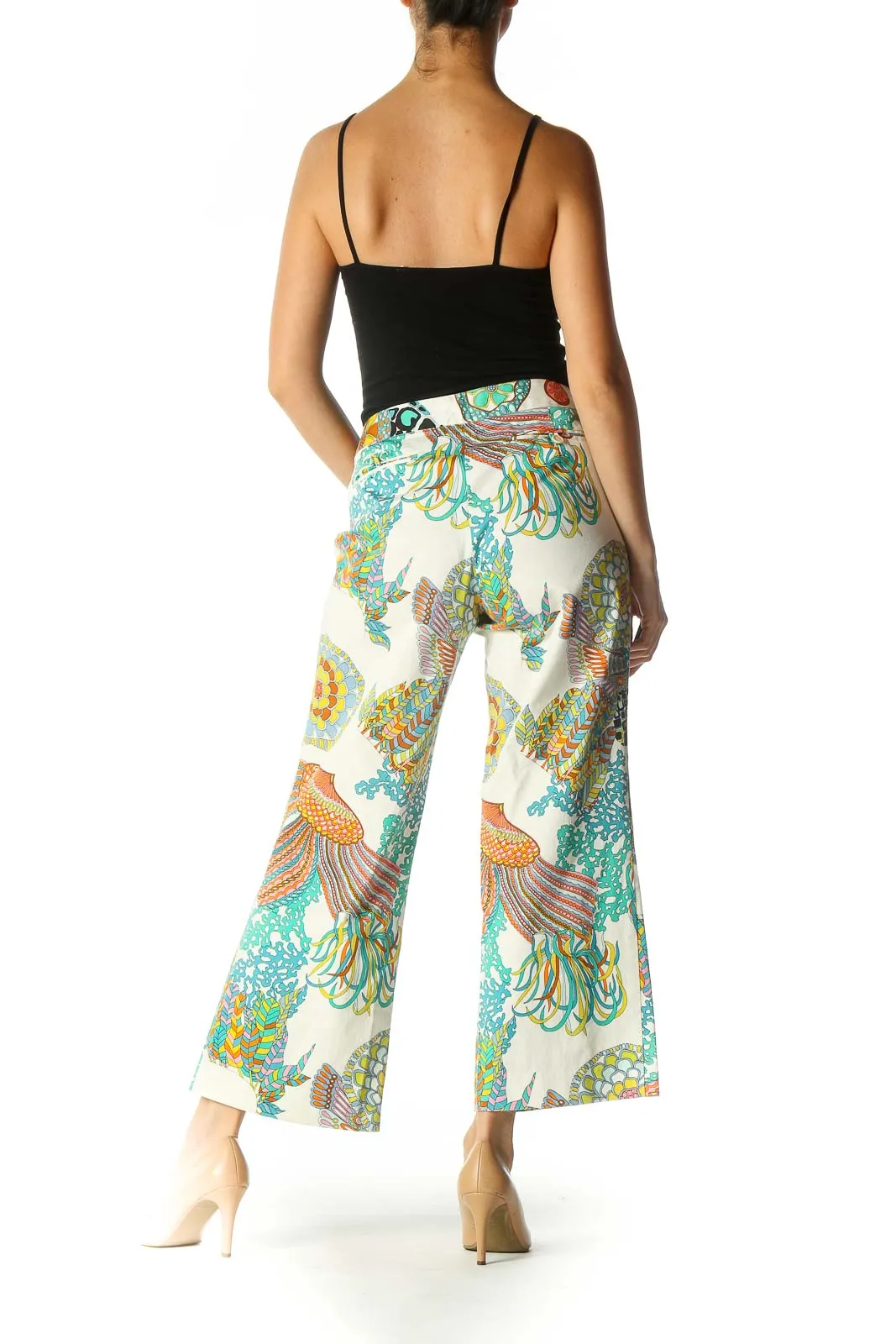 Cream Print Straight-Leg Pants