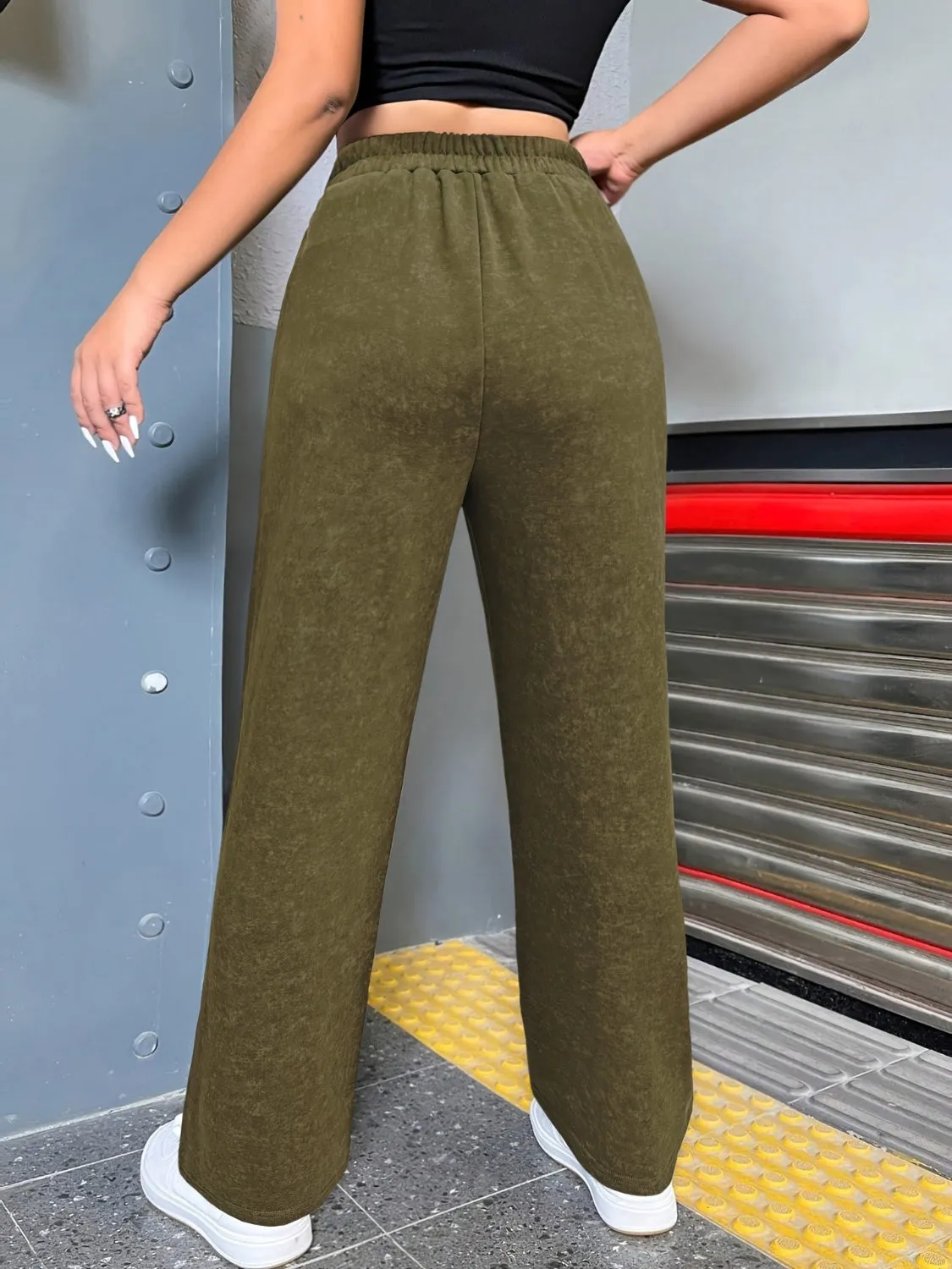 Distressed Elastic Waist Straight Leg Pants