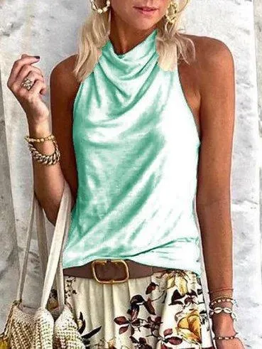 Dunnmall Cotton Plain Cowl Neck Sleeveless Shirts & Tops