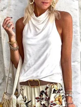 Dunnmall Cotton Plain Cowl Neck Sleeveless Shirts & Tops