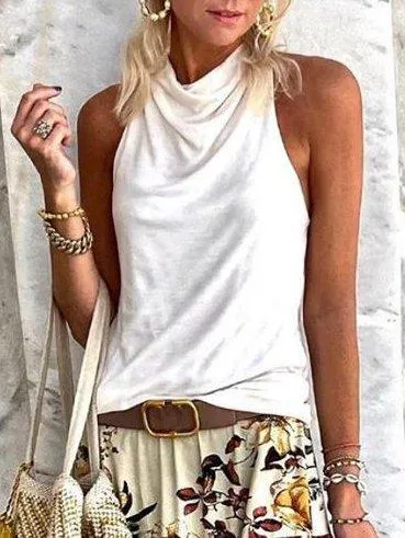Dunnmall Cotton Plain Cowl Neck Sleeveless Shirts & Tops