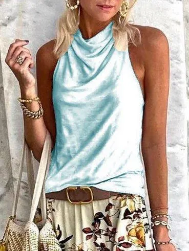 Dunnmall Cotton Plain Cowl Neck Sleeveless Shirts & Tops