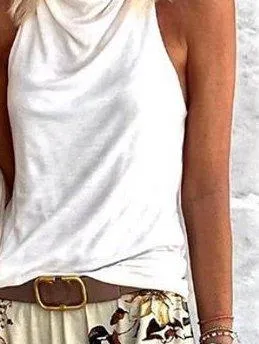Dunnmall Cotton Plain Cowl Neck Sleeveless Shirts & Tops
