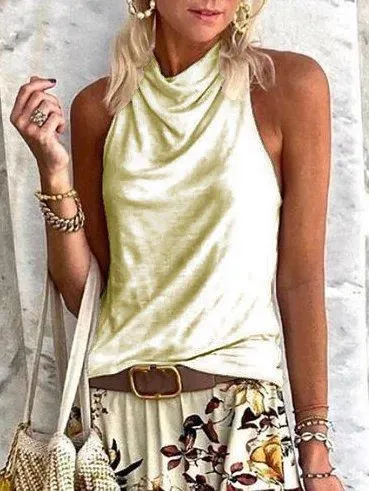 Dunnmall Cotton Plain Cowl Neck Sleeveless Shirts & Tops