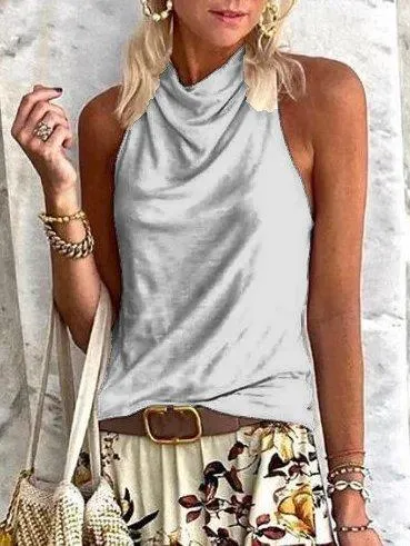 Dunnmall Cotton Plain Cowl Neck Sleeveless Shirts & Tops