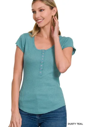 Dusty Teal Baby Waffle Snap Button Cap Sleeve Top