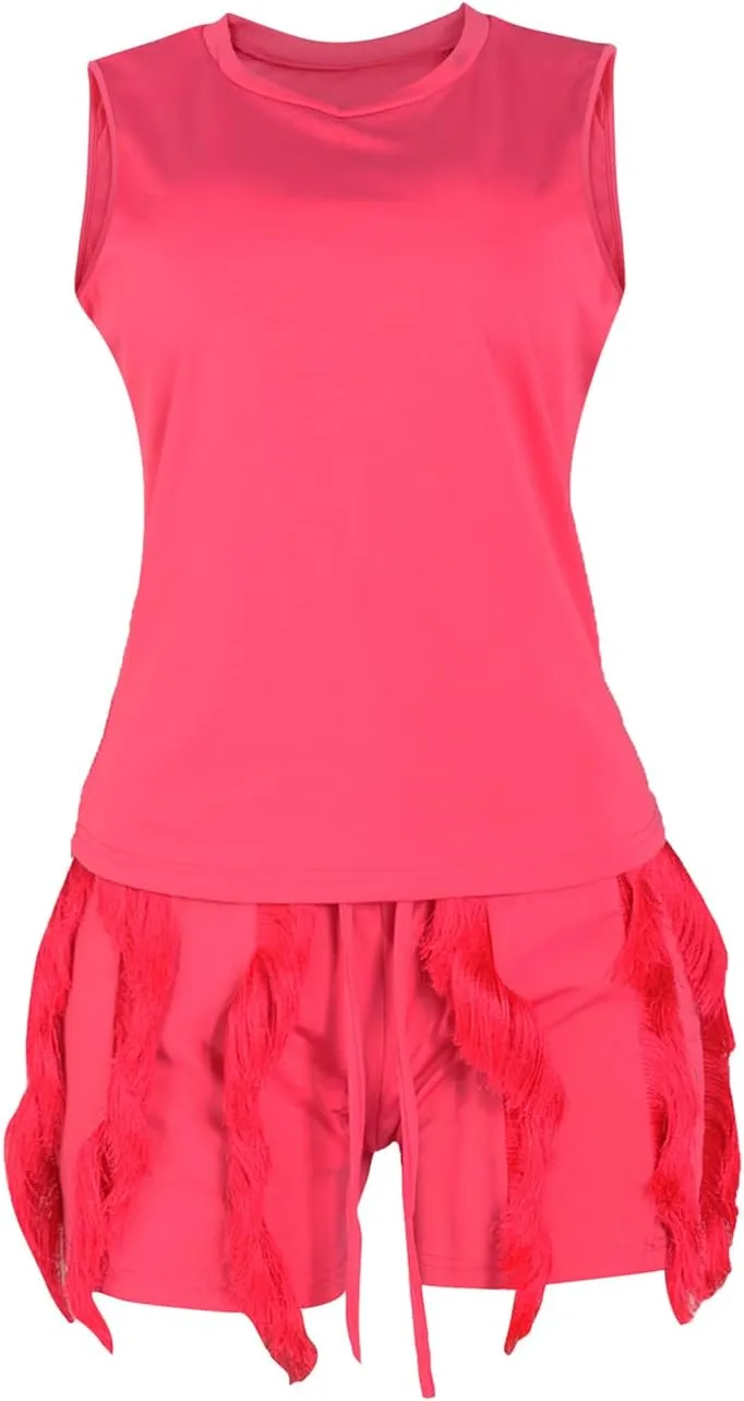Elainone Two Piece Outfits for Women Sexy Bodycon Sleeveless Tops Drawstring Waist Shorts Sets