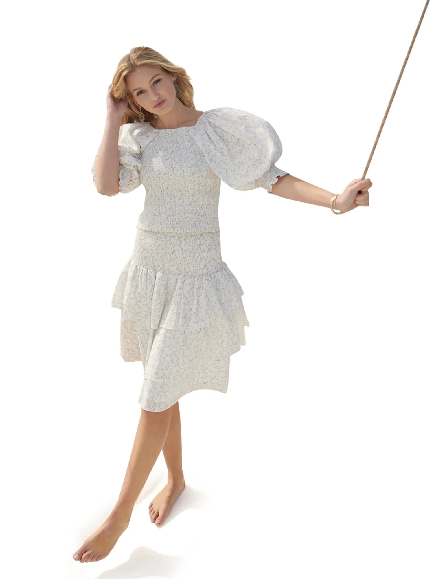 Ellie Makir Smocked Floral Puff Sleeve Top