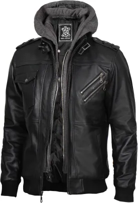 fjackets Real Leather Bomber Jacket - Motorcycle Casual Stand Collar Jackets with Removable Hood