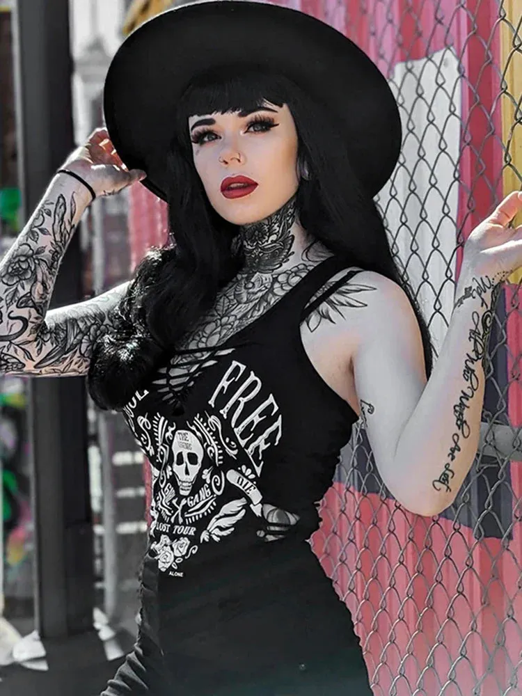 Gothic Skull Summer Black Crop Dark Printed Streetwear Woven Vintage Top