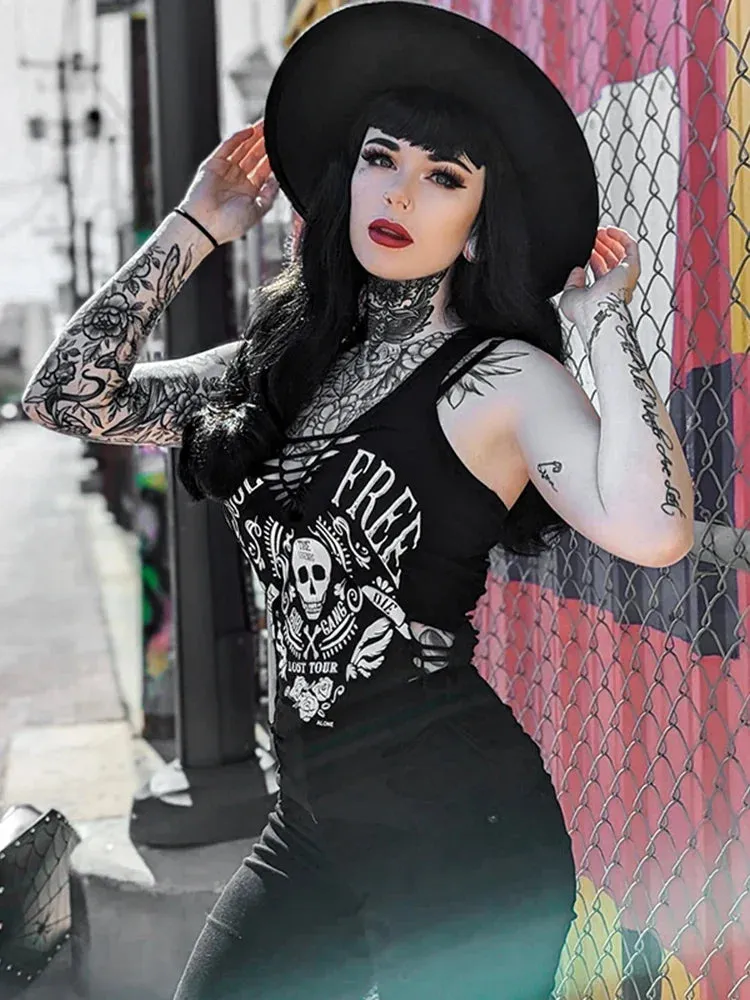 Gothic Skull Summer Black Crop Dark Printed Streetwear Woven Vintage Top
