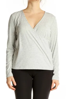 Gray Ribbed Wrap Top
